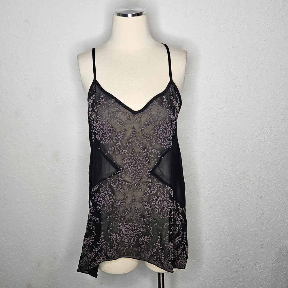 Entro Sheer Burnout Velvet Cami Top Black Floral Y2K Romantic Goth Lingerie S
